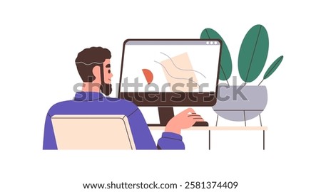 Designer working on computer at desk. Digital artist drawing, designing, sitting at table, workplace. Creative man looking at screen, display. Flat vector illustration isolated on white background