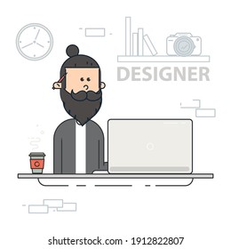 Designer working on laptop. Graphic design professional. Creative specialist at work. Vector illustration.