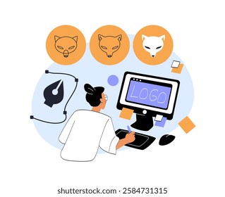 Designer working on a logo using a computer and digital pen. Concept of branding, creativity, and digital design on a white background