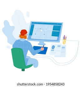 Designer Working On New Project At Computer Vector. Graphic Designer Man Work At Workspace, Drawing Creative Sketch Design. Character Creativity Idea Occupation Flat Cartoon Illustration