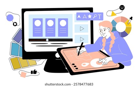 Designer working on a tablet and computer, surrounded by color palettes and design tools, flat style on white background. Concept of creativity. Vector illustration