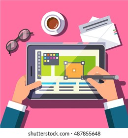 Designer working on a tablet computer with a stylus pen digitizer. Drawing site project layout mockup and drinking morning coffee. Modern flat style vector illustration.