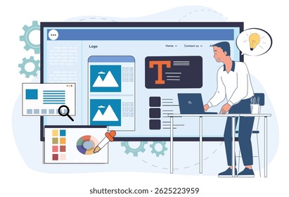 Designer working on a website layout on a large screen with color palettes, typography, and image blocks, flat style on white background. Concept of web development. Vector illustration