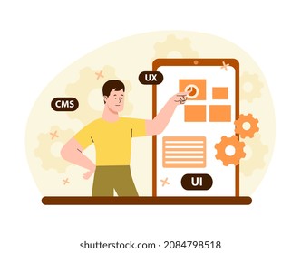 Designer working in smartphone. Character creates graphic elements for development of application. Designer creates responsive website. Screen, programming, ui, ux. Cartoon flat vector illustration