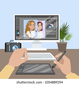Designer working table with camera, tablet and computer.