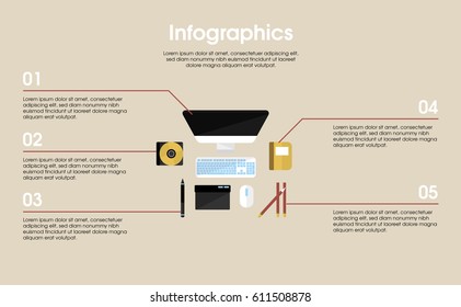 Designer workplace elements infographic concept with monitor keyboard mouse notepad graphic tablet pencils and pen vector illustration