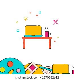 Designer workplace filled line vector icon, simple illustration, creativity, art and design related bottom border.