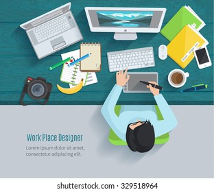 Designer Workplace Flat With Top View Woman At Table And Design Gadgets Vector Illustration