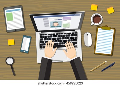 Designer workplace flat with top view woman at table and design gadgets vector illustration art