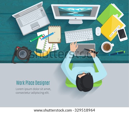 Designer workplace flat with top view woman at table and design gadgets vector illustration