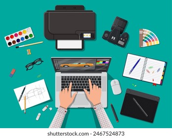 Designer workplace. Illustrator desktop with tools. Laptop pc, photo camera, mouse, glasses, notes, pen, printer. Sketch on paper blank. Hands work graphic tablet. Vector illustration in flat style