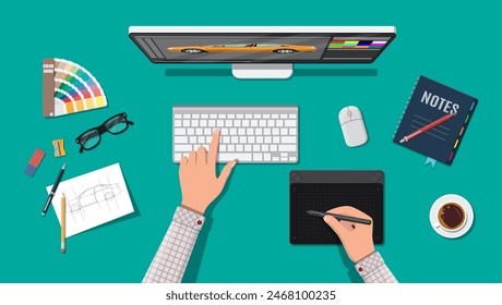 Designer workplace. Illustrator desktop with tools. Desktop pc, keyboard, mouse, glasses, notes, pen, coffee. Sketch on paper blank. Hands drawing on graphic tablet. Vector illustration in flat style