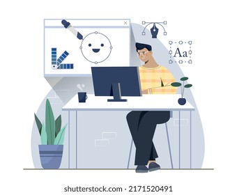 Designer at workplace. Man sits at computer, creates graphic elements for website. Development of interface for applications and programs. Freelancer or remote worker. Cartoon flat vector illustration