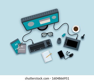 Designer workplace. Set of technological gadgets. Graphics drawing tablet, monitor, keyboard, mouse, smartphone, flash memory, block notes, glasses, cup of coffee. Light background. Vector.