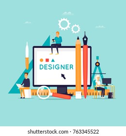 Designer workplace and tools. Flat design vector illustration.