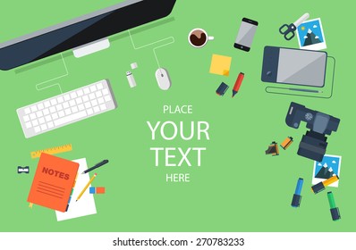 Designer workplace. Top view. Flat design. Vector illustration.