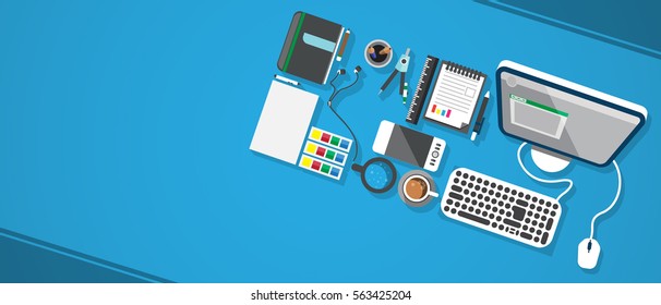 Designer workplace. Top view. Flat design. Vector illustration. Copy space.