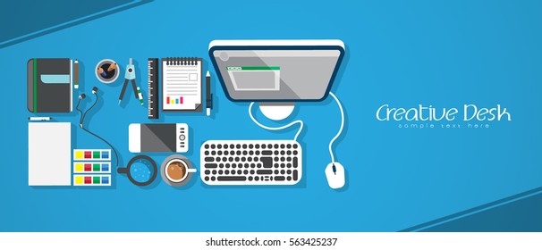 Designer workplace. Top view. Flat design. Vector illustration. Copy space.