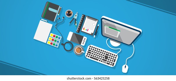 Designer workplace. Top view. Flat design. Vector illustration. Copy space.