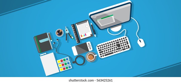 Designer workplace. Top view. Flat design. Vector illustration. Copy space.