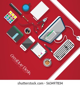 Designer workplace. Top view. Flat design. Vector illustration. Copy space.
