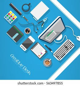 Designer workplace. Top view. Flat design. Vector illustration. Copy space.