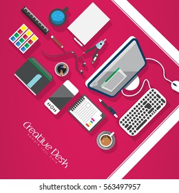Designer workplace. Top view. Flat design. Vector illustration. Copy space.