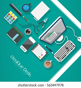 Designer workplace. Top view. Flat design. Vector illustration. Copy space.