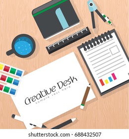 Designer workplace. Top view. Flat design. Vector illustration. Copy space.