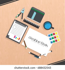 Designer workplace. Top view. Flat design. Vector illustration. Copy space.