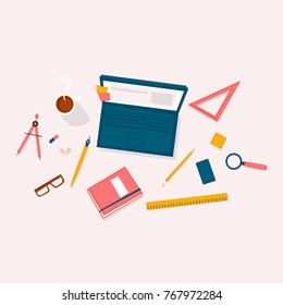 Designer workplace top view. Flat design vector illustration