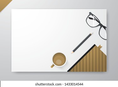 Designer workplace. Top view office desk with Glasses, Notebooks, Coffee cup and  Pencil on white background. Mockup with copy space. Vector illustration