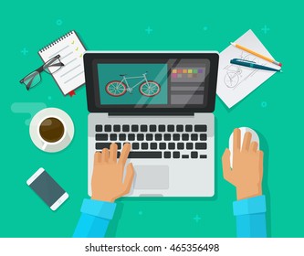 Designer workplace vector illustration top view, flat lay cartoon person sitting on table and working on laptop, graphic designer at work in office, freelancer working on computer 