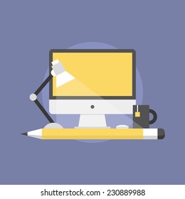 Designer workplace, web design studio agency development process with modern desktop computer. Flat icon modern design style vector illustration concept.