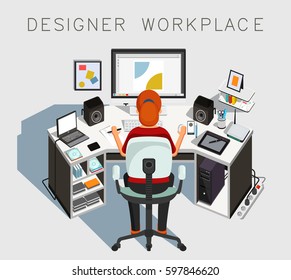 Designer workplace. Designer at work. Vector illustration