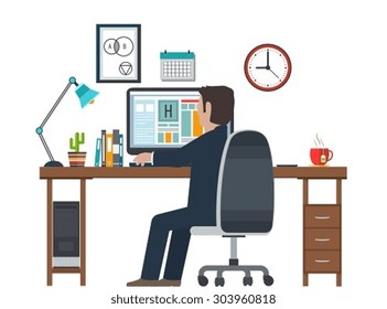Designer in the workplace, workstation. Creative equipment in office interior.