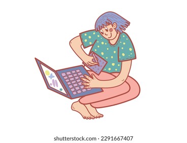 The designer works behind a laptop on a graphic tablet. Creative digital profession. Distant work. Vector flat character illustration.