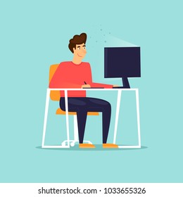 Designer works at the computer. Workplace. Office life. Flat design vector illustration.