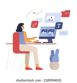 Designer works in the office. Digital artist creates design at a computer with user interface windows. IT professional workflow concept. Vector illustration in flat design isolated on white.