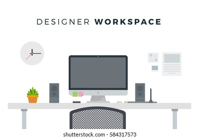 Designer Workspace computer on a white background. Banner for website vector flat isolated