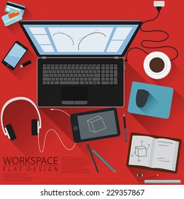 Designer Workspace Computer Top View Flat Design with red background