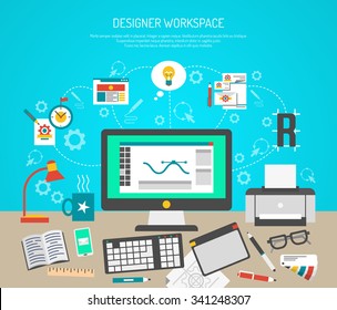 Designer workspace concept with flat graphic design tools and computer monitor vector illustration