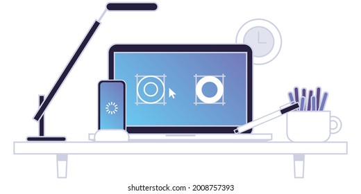 Designer workspace, concept of office work, office workplace, business, startup, tablet pc and phone