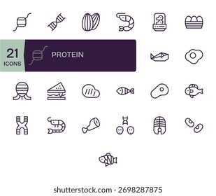 Un paquete amigable para el diseñador de 25 iconos de línea regular alineados con proteína, listos para la exportación.