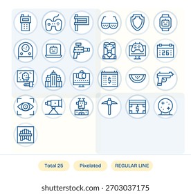 Un paquete amigable para el diseñador de 25 iconos de línea regular alineados con Pixelated, listos para la exportación.