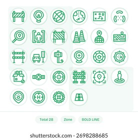 Un paquete amigable con el diseñador de 28 iconos de Bold Line alineados con Zone, listos para exportar.