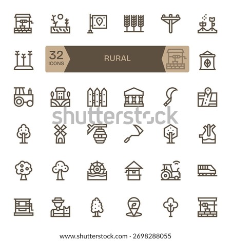 A designer-friendly pack of 32 Bold Line icons aligned to Rural, ready for export.