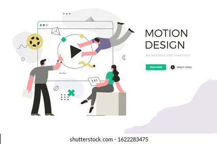 Designers, Artists, And Storytellers Are Collaborating On A Motion Graphic Project. Design And Creative Animation Studio Concept. Hand-drawn Trendy Vector Illustration