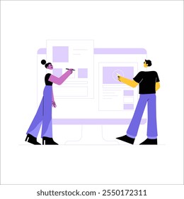 Designers Collaborating On Website Layout In Flat Vector Illustration Symbolizing Teamwork, Web Development, And Creative Design, Isolated On White Background