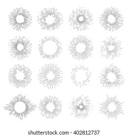 Designers collection of vector sunburst. Set for vintage design project. Style elements graphic template